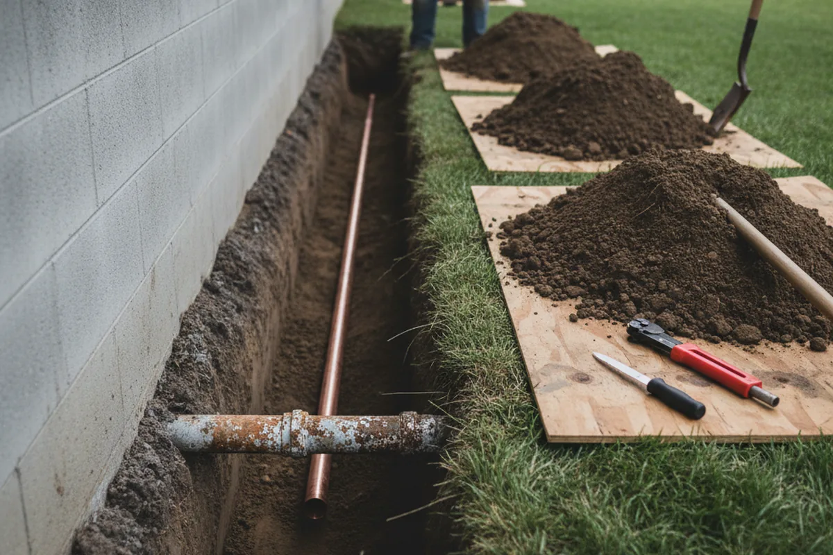 Excavated water line trench during Water Softener Installation in Bellflower